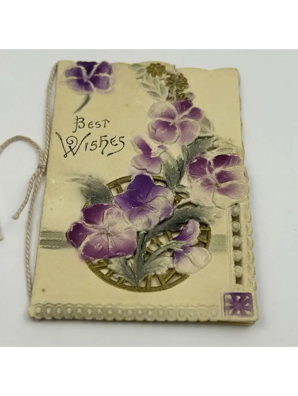 Antique Die-Cut Embossed Greeting Card Booklet Pansies 1900-1915 Gilt Poem F2
